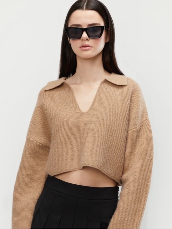 OAK + FORT Tops - OAK + FORT Camel Cropped Knit Sweater